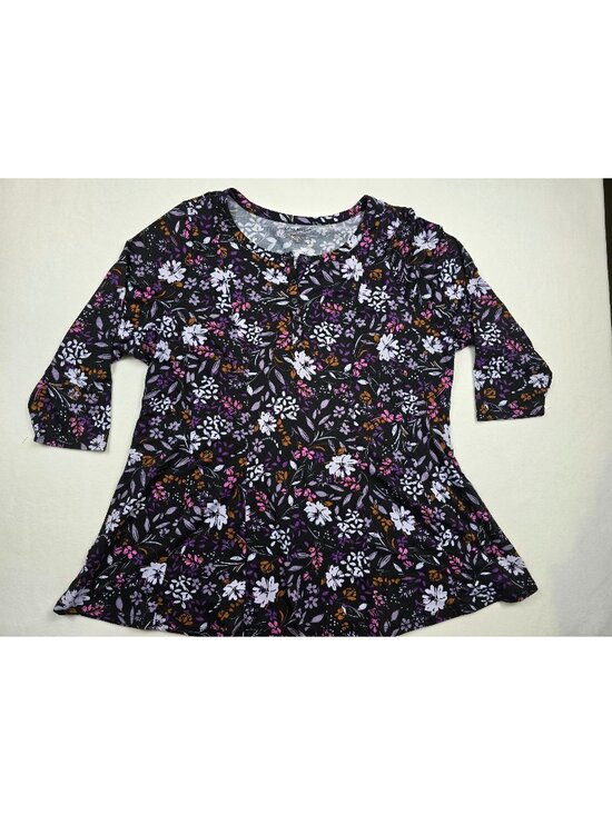 Lane Bryant Tops - Lane Bryant Floral Black & Purple 3/4 Sleeve Tunic Top 14/16 Stretchy